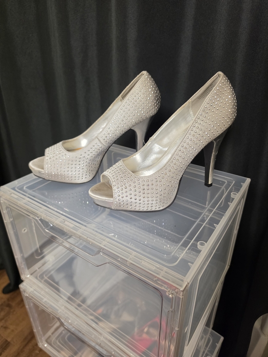 Rampage Shoes - Rampage Silver Rhinestone Peep-Toe Pumps